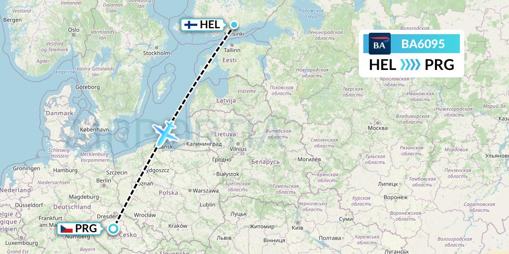 BA6095 British Airways Flight Map: Helsinki to Prague