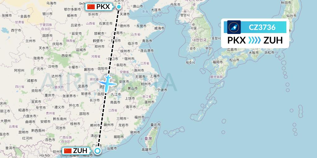 CZ3736 China Southern Airlines Flight Map: Beijing to Zhuhai