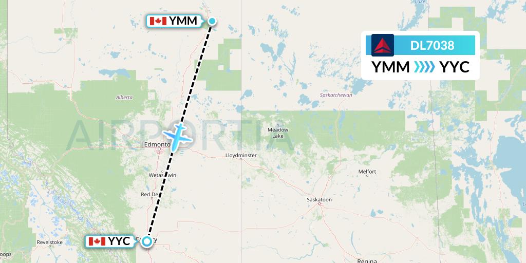 DL7038 Delta Air Lines Flight Map: Fort McMurray to Calgary