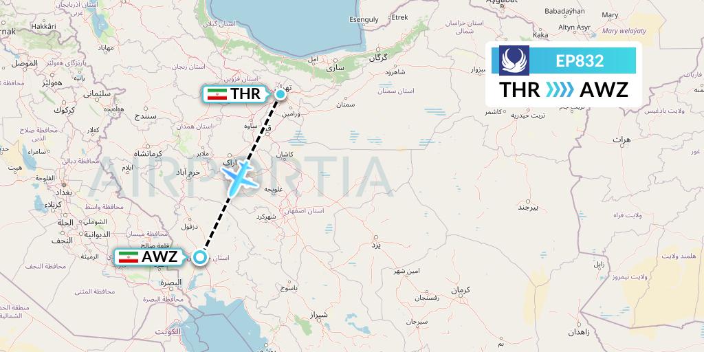 EP832 Iran Aseman Airlines Flight Map: Tehran to Ahvaz