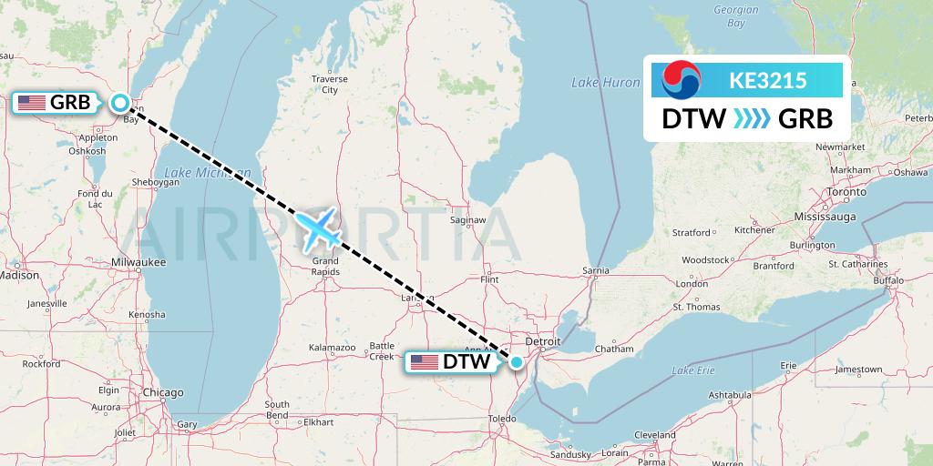 KE3215 Korean Air Flight Map: Detroit to Green Bay
