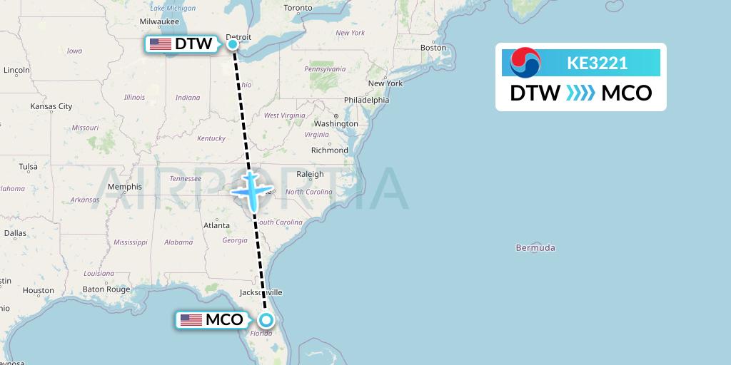 KE3221 Korean Air Flight Map: Detroit to Orlando