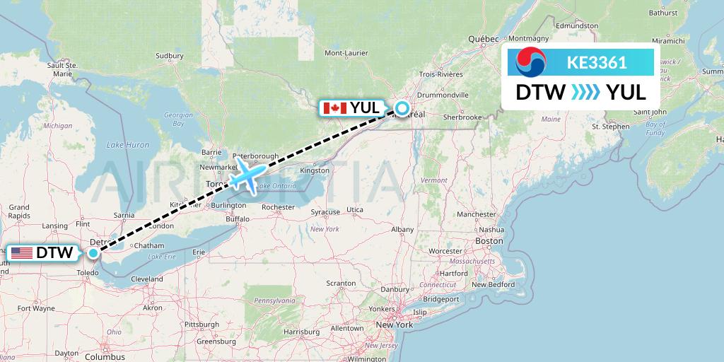 KE3361 Korean Air Flight Map: Detroit to Montreal