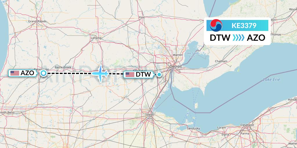 KE3379 Korean Air Flight Map: Detroit to Kalamazoo
