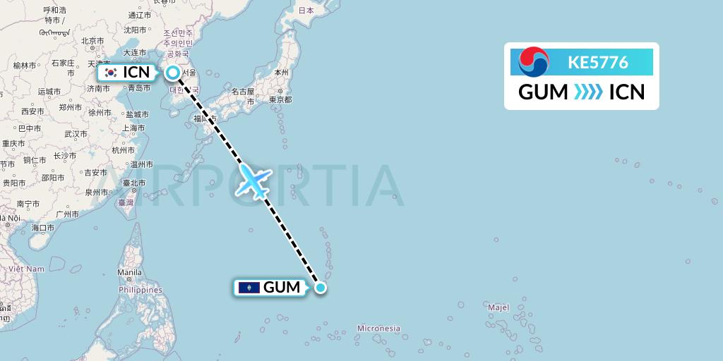 KE5776 Korean Air Flight Map: Guam to Seoul