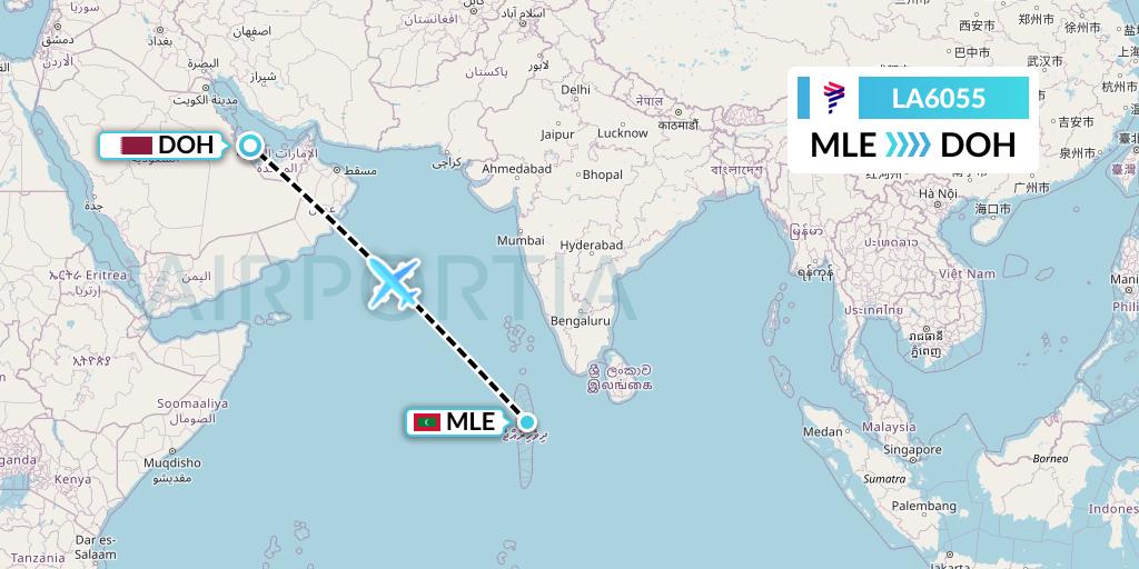 LA6055 LAN Airlines Flight Map: Male to Doha