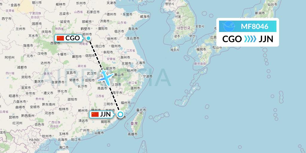 MF8046 Xiamen Airlines Flight Map: Zhengzhou to Jinjiang
