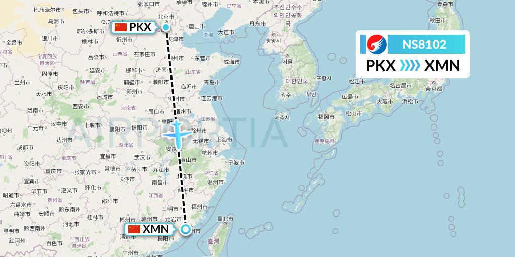 NS8102 Hebei Airlines Flight Map: Beijing to Xiamen