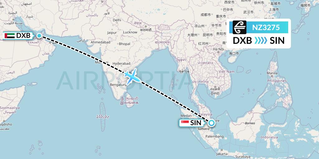 NZ3275 Air New Zealand Flight Map: Dubai to Singapore
