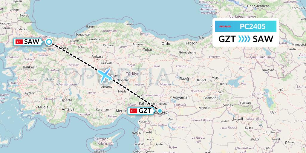 PC2405 Pegasus Airlines Flight Map: Gaziantep to Istanbul