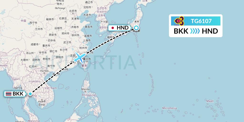 TG6107 Thai Airways Flight Map: Bangkok to Tokyo