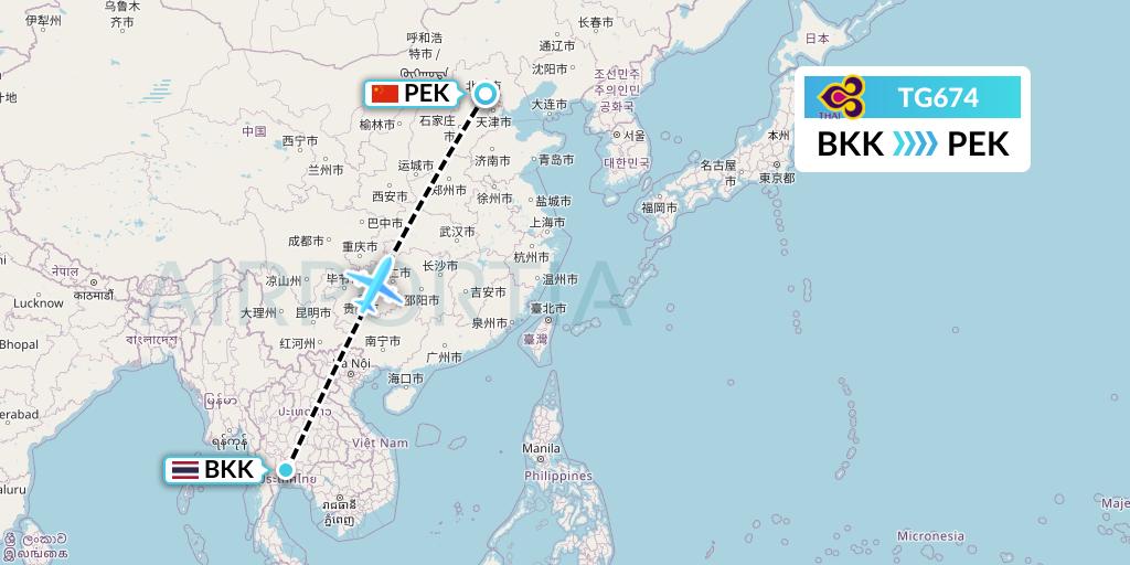 TG674 Thai Airways Flight Map: Bangkok to Beijing