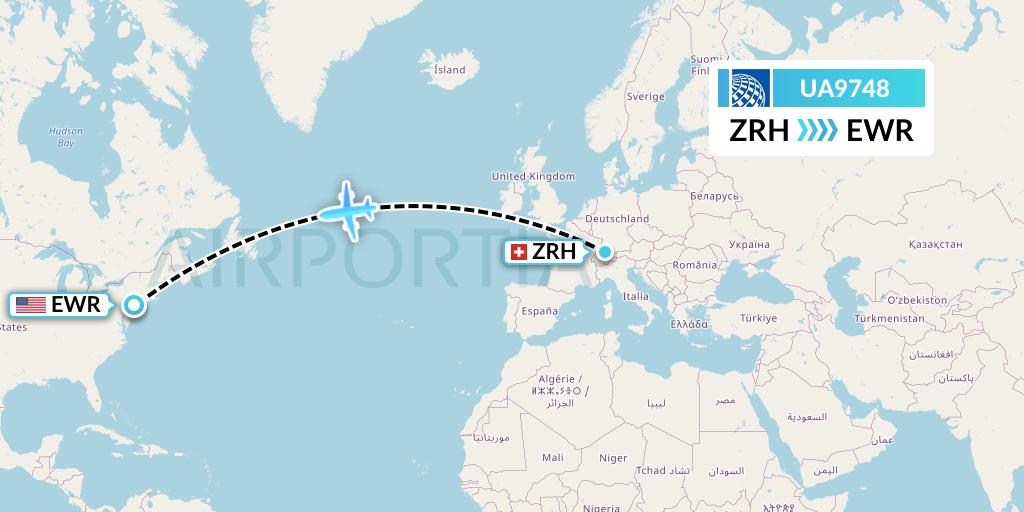 UA9748 United Airlines Flight Map: Zurich to New York