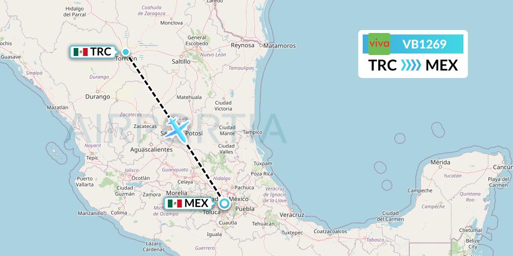VB1269 VivaAerobus Flight Map: Torreon to Mexico City