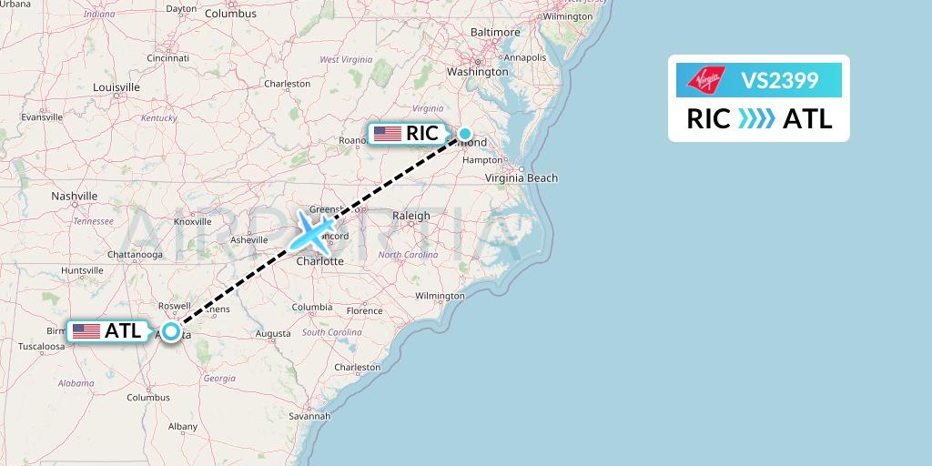 VS2399 Virgin Atlantic Airways Flight Map: Richmond to Atlanta