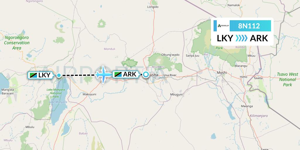 8N112 Regional Air Services Flight Map: Lake Manyara National Park to Arusha