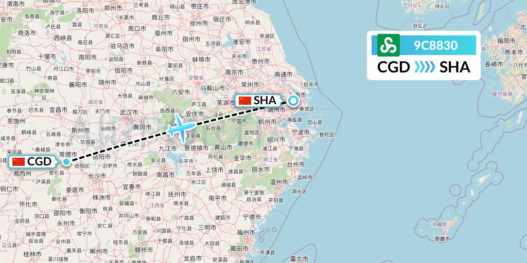 9C8830 Spring Airlines Flight Map: Changde to Shanghai
