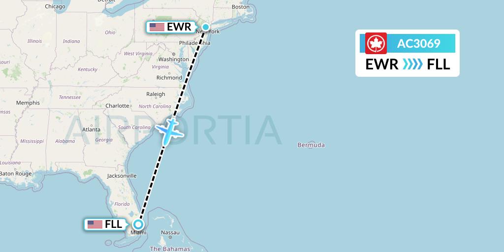 AC3069 Air Canada Flight Map: New York to Fort Lauderdale