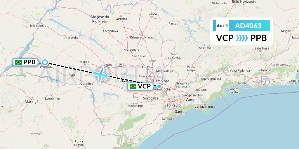 AD4063 Azul Brazilian Airlines Flight Map: Campinas to Presidente Prudente