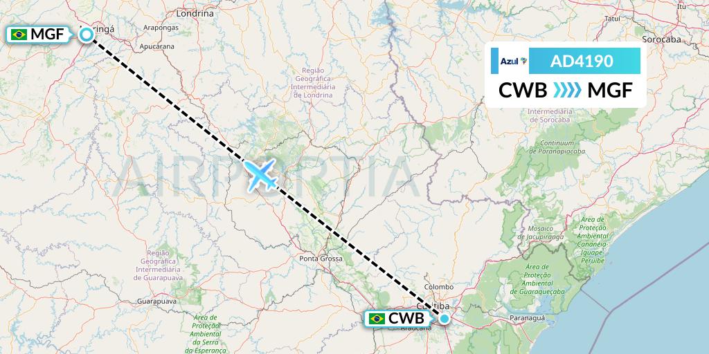 AD4190 Azul Brazilian Airlines Flight Map: Curitiba to Maringa