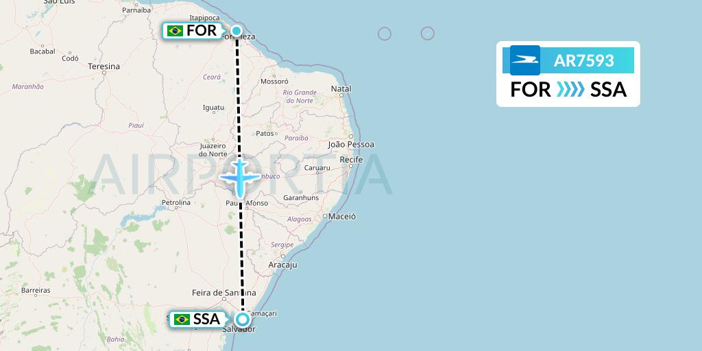 AR7593 Aerolineas Argentinas Flight Map: Fortaleza to Salvador