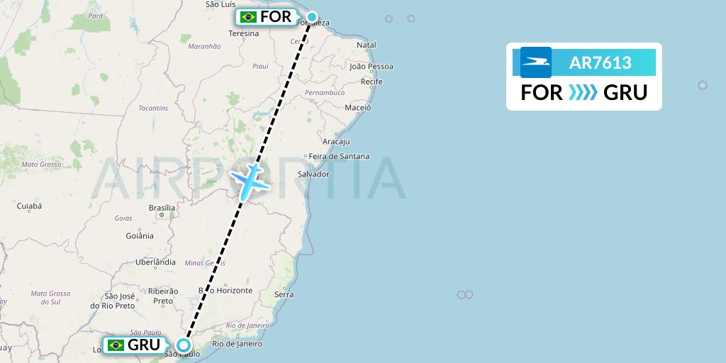 AR7613 Aerolineas Argentinas Flight Map: Fortaleza to Sao Paulo