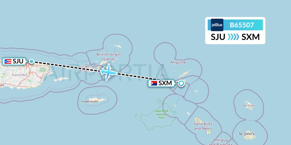 B65507 JetBlue Airways Flight Map: San Juan to Sint Maarten