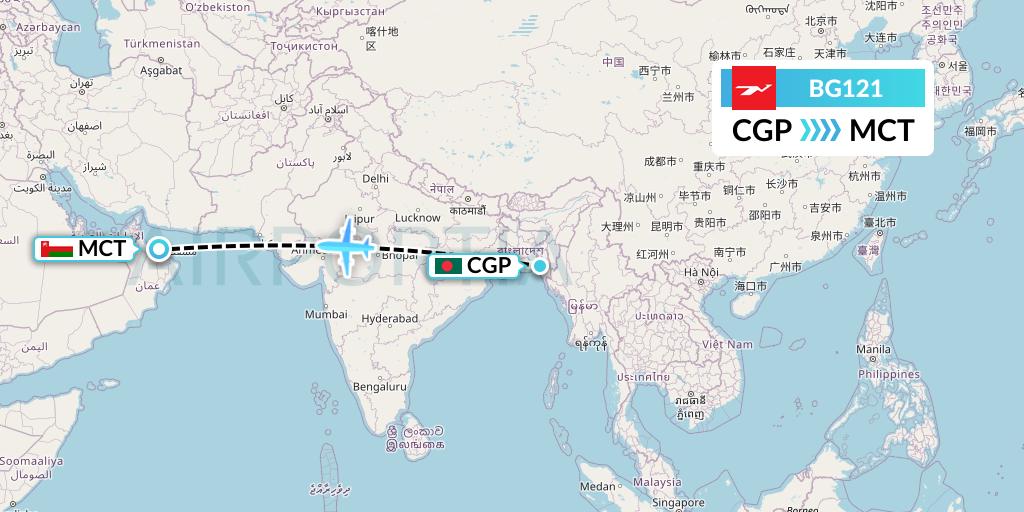BG121 Biman Bangladesh Airlines Flight Map: Chittagong to Muscat