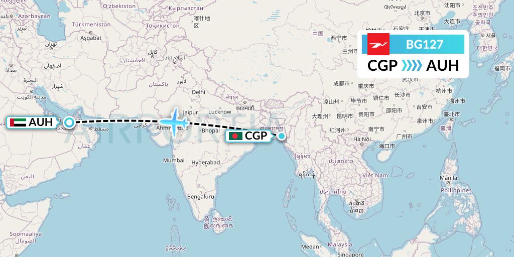 BG127 Biman Bangladesh Airlines Flight Map: Chittagong to Abu Dhabi