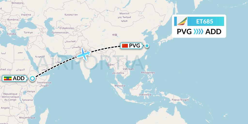ET685 Ethiopian Airlines Flight Map: Shanghai to Addis Ababa