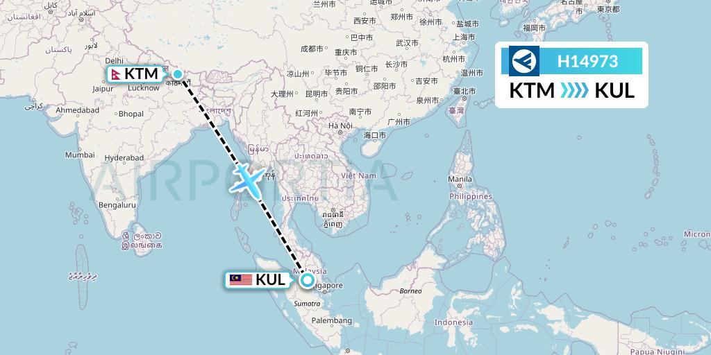 H14973 Hahn Air Systems Flight Map: Kathmandu to Kuala Lumpur