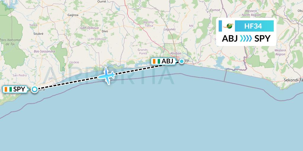 HF34 Air Cote d'Ivoire Flight Map: Abidjan to Ivory Coast