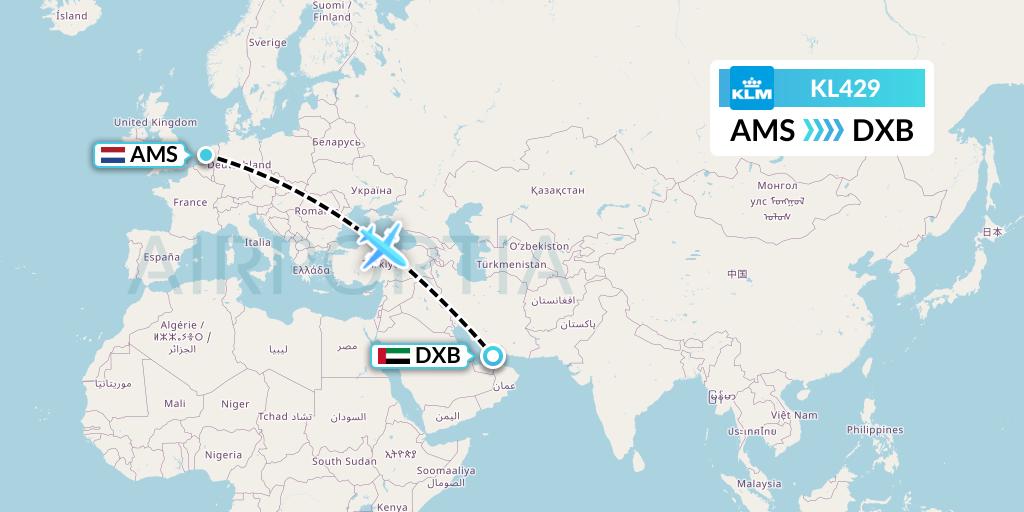 KL429 KLM Flight Map: Amsterdam to Dubai