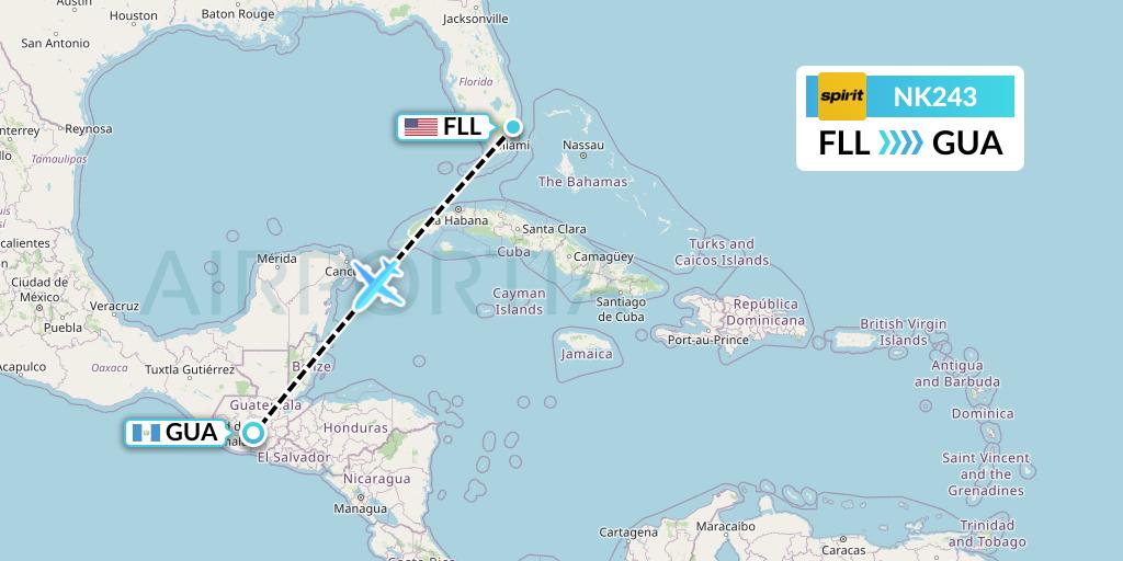 NK243 Spirit Airlines Flight Map: Fort Lauderdale to Guatemala City