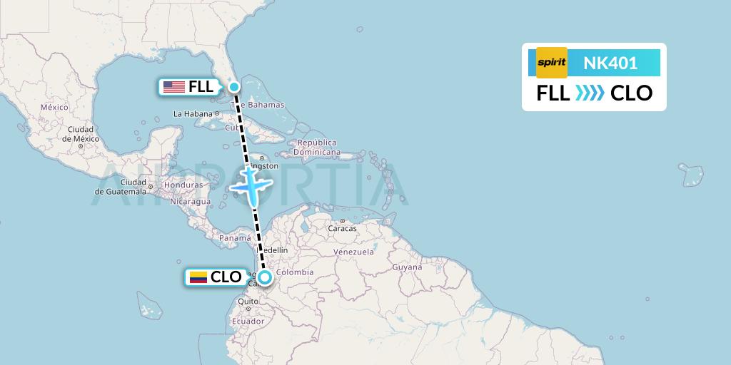 NK401 Spirit Airlines Flight Map: Fort Lauderdale to Cali