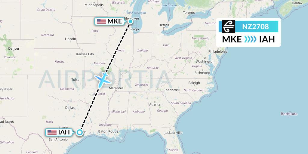 NZ2708 Air New Zealand Flight Map: Milwaukee to Houston