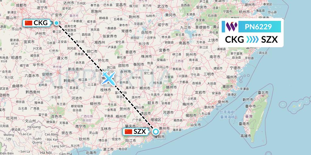 PN6229 China West Air Flight Map: Chongqing to Shenzhen