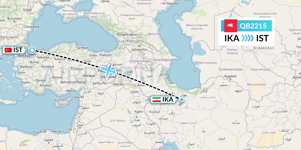 QB2215 Qeshm Airlines Flight Map: Tehran to Istanbul