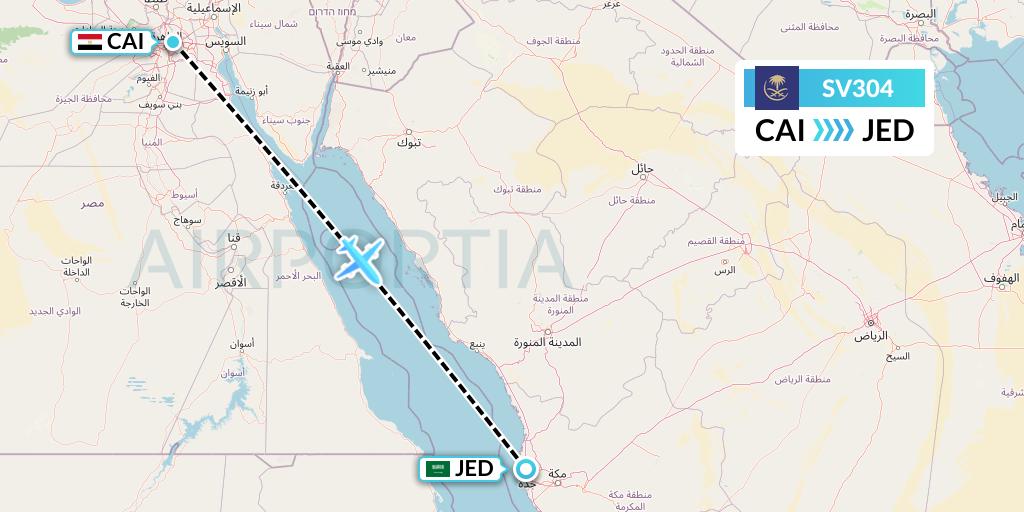 SV304 Saudi Arabian Airlines Flight Map: Cairo to Jeddah