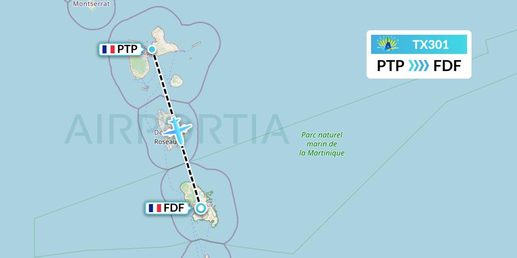 TX301 Air Caraibes Flight Map: Pointe-a-Pitre to Fort-de-France
