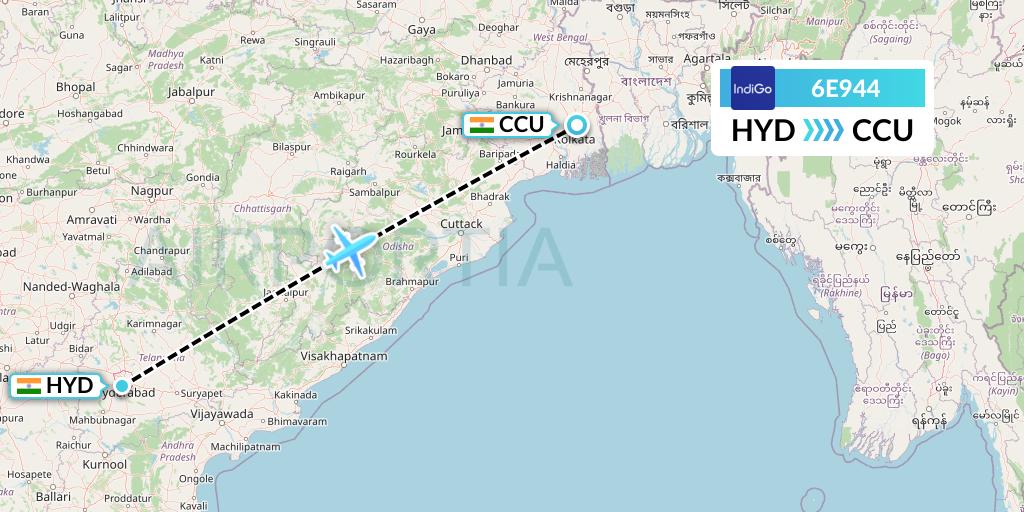 6E944 IndiGo Airlines Flight Map: Hyderabad to Kolkata