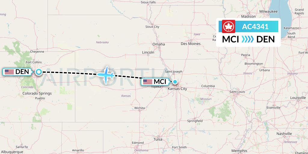 AC4341 Air Canada Flight Map: Kansas City to Denver