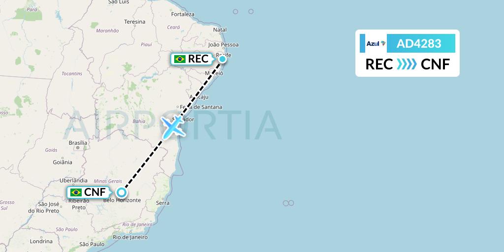 AD4283 Azul Brazilian Airlines Flight Map: Recife to Belo Horizonte