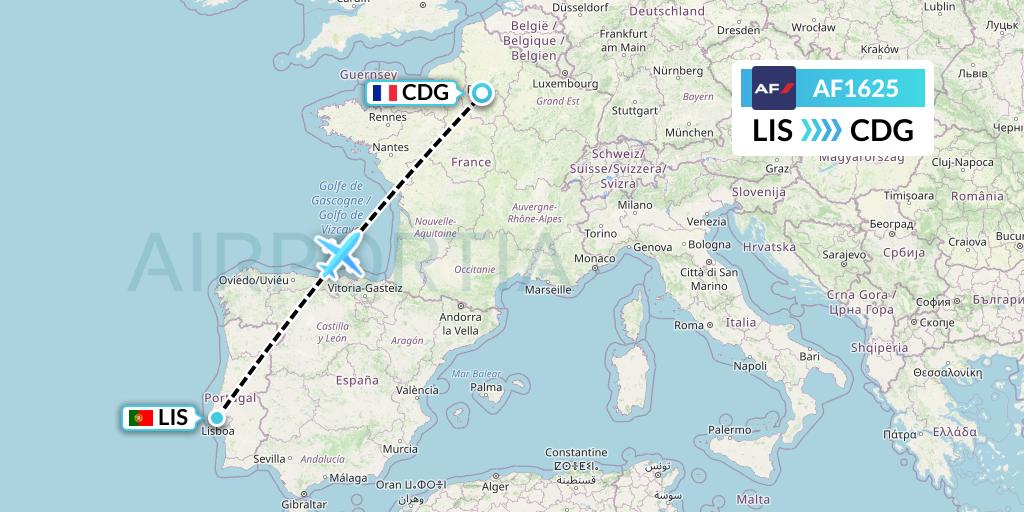 AF1625 Air France Flight Map: Lisbon to Paris