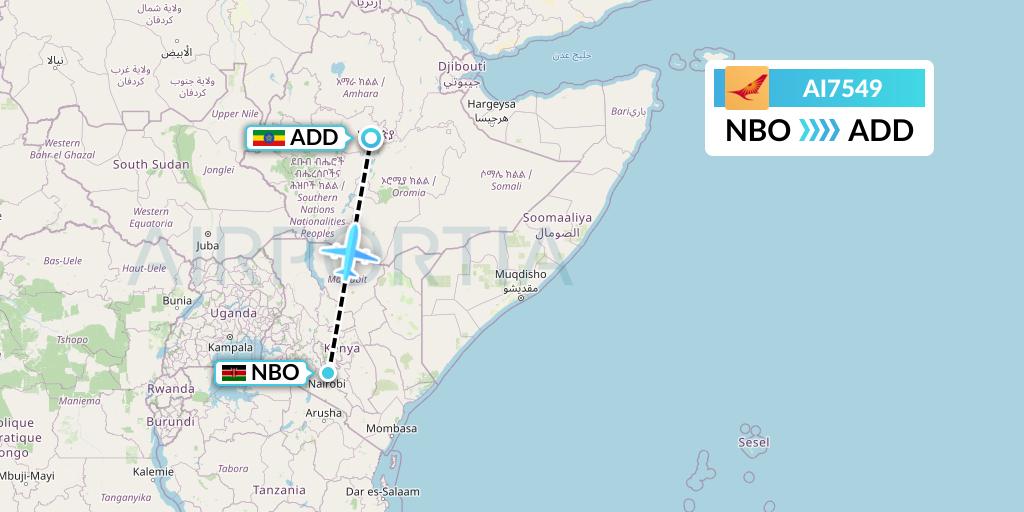 AI7549 Air India Flight Map: Nairobi to Addis Ababa
