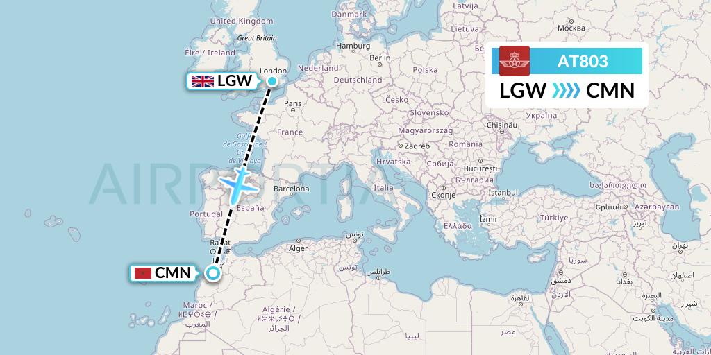 AT803 Royal Air Maroc Flight Map: London to Casablanca