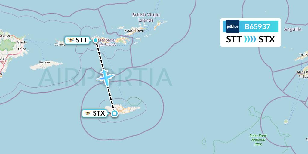 B65937 JetBlue Airways Flight Map: St. Thomas to St. Croix