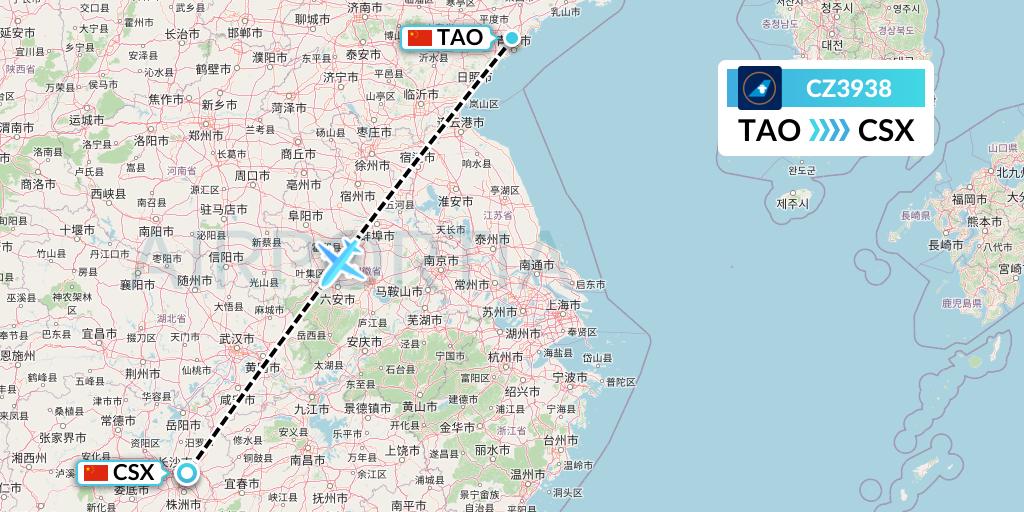 CZ3938 China Southern Airlines Flight Map: Qingdao to Changsha