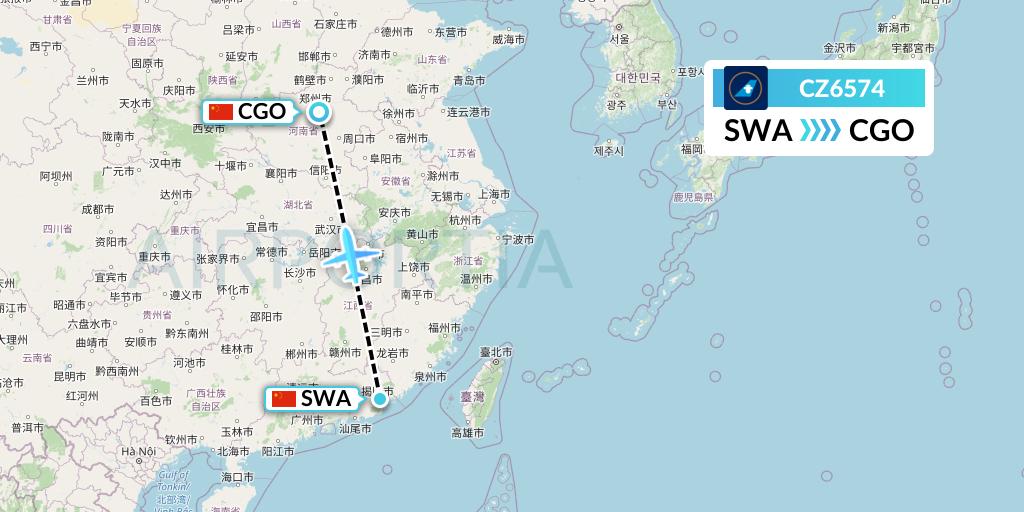 CZ6574 China Southern Airlines Flight Map: Jieyang to Zhengzhou