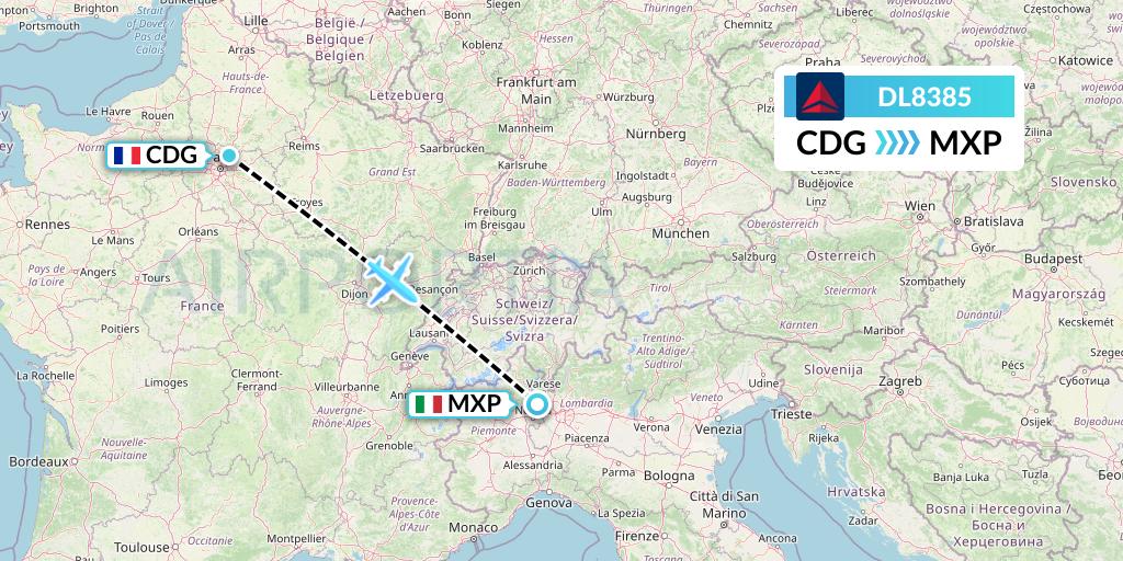 DL8385 Delta Air Lines Flight Map: Paris to Milan